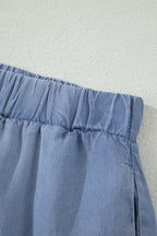 Beau Blue Elastic Waist Ruffled Tiered Flared Denim Maxi Skirt