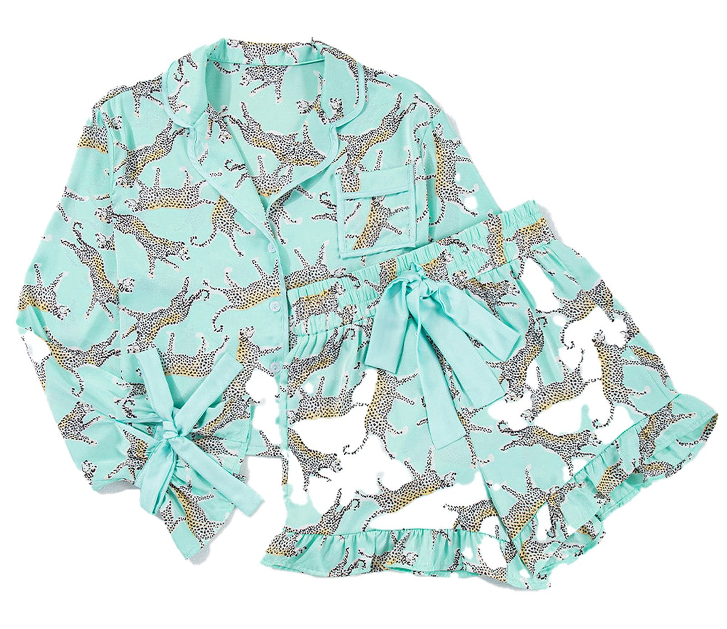 Green Leopard Satin Pajama Set For Women