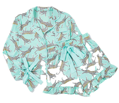 Green Leopard Satin Pajama Set For Women