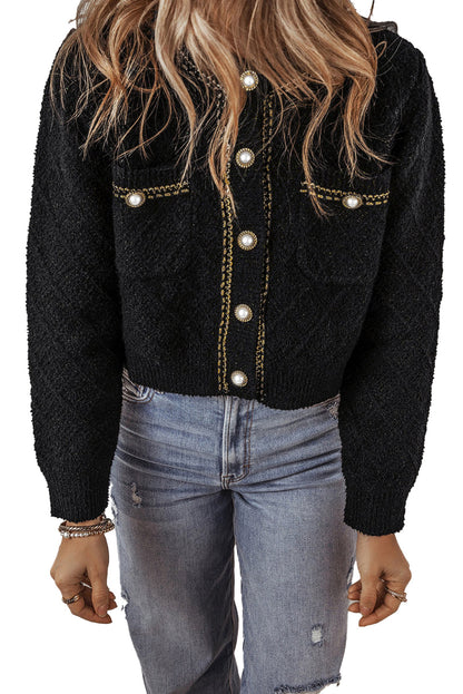 Black Shimmer Cardigan With Pearl Details