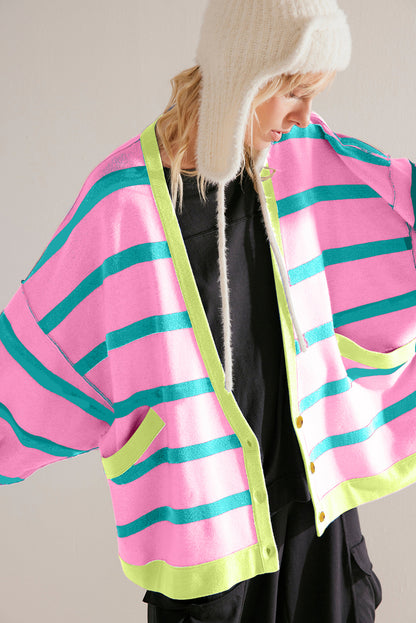 Pink Stripe Colorblock Cardigan For Trendy Style