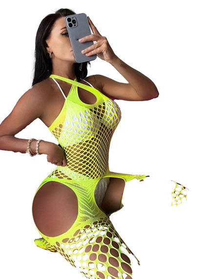 Front View of Plus Size Backless Fishnet Bodysuit