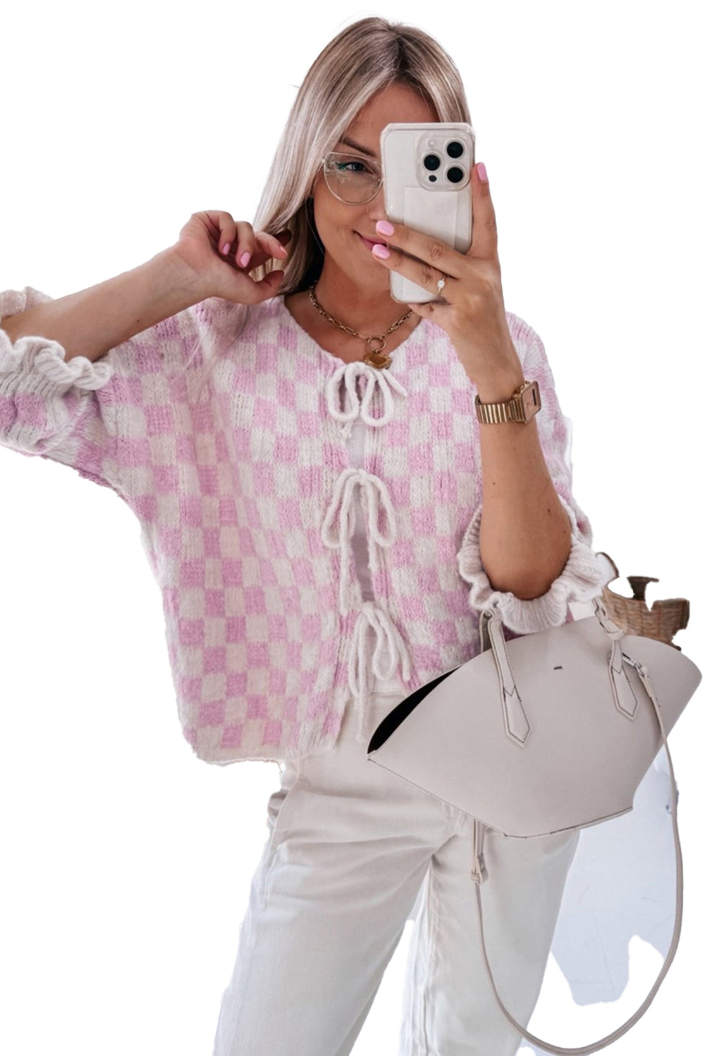 Light Pink Checkered Cardigan With Ribbons