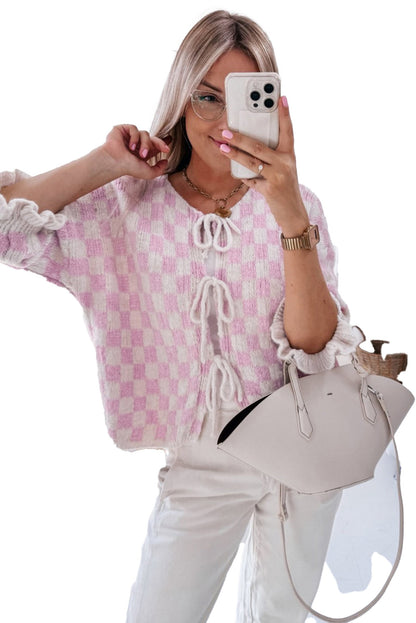 Light Pink Checkered Cardigan With Ribbons