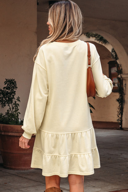 Beige Ruffle Hem Mini Dress Cozy Long Sleeve