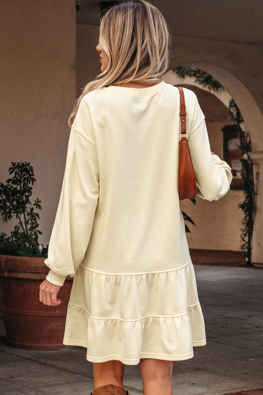 Beige Ruffle Hem Mini Dress Cozy Long Sleeve
