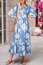 Sky Blue Floral Maxi Dress Buttoned Flowy