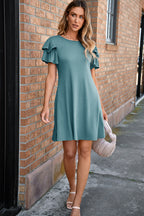 Skobeloff Solid Color Round Neck Double Ruffle Short Sleeve Dress