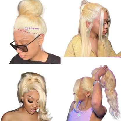 613 honey blonde lace front wig styled in multiple ways with various lengths and looks