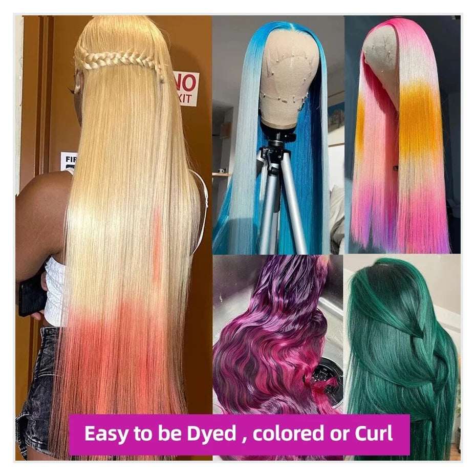 613 honey blonde lace front wig shown with dyeing options, featuring vibrant colors and long straight hair