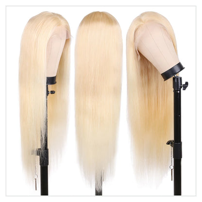 613 honey blonde lace front wig displayed from three angles on a wig stand