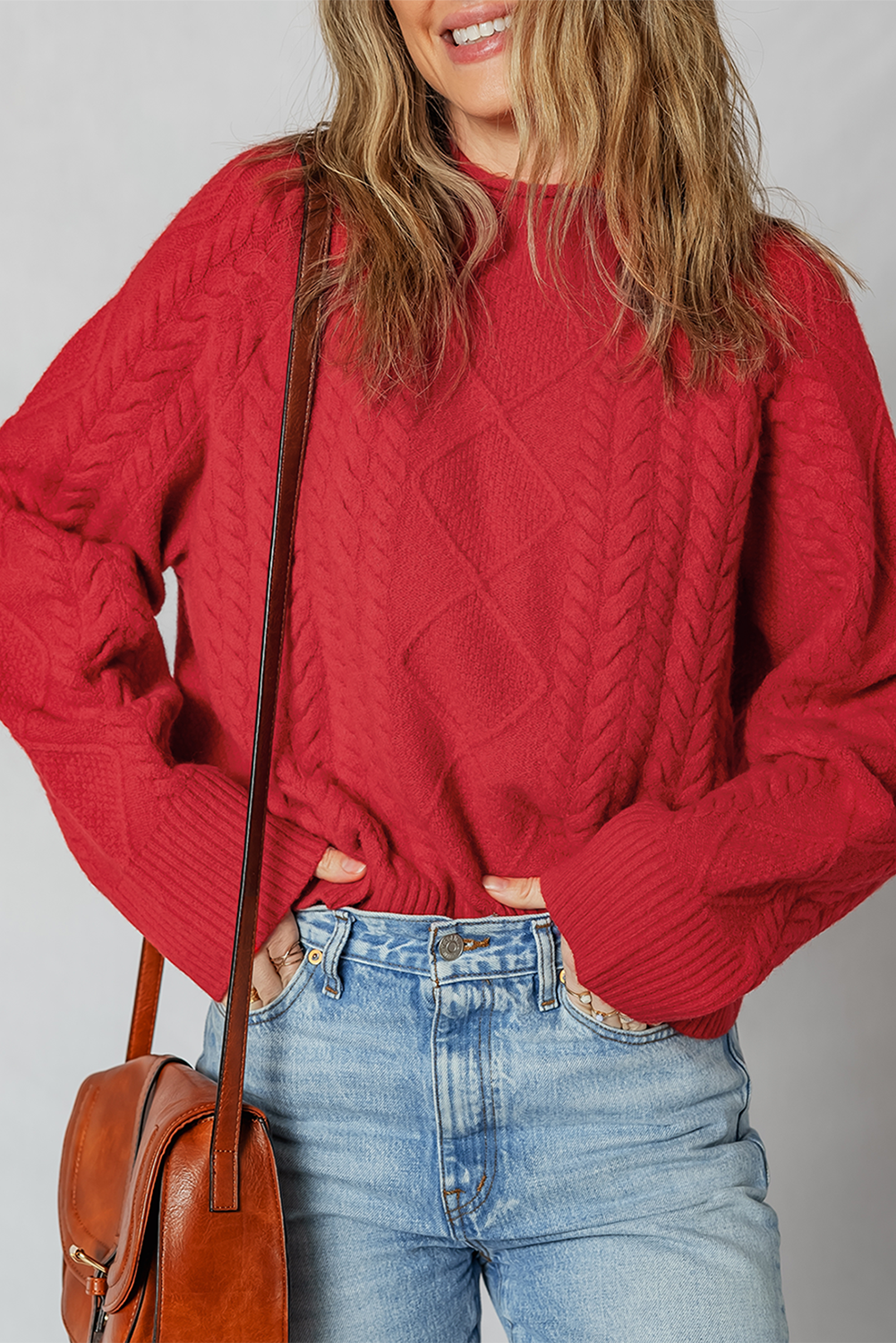 Fiery Red Cable Knit Sweater For Women
