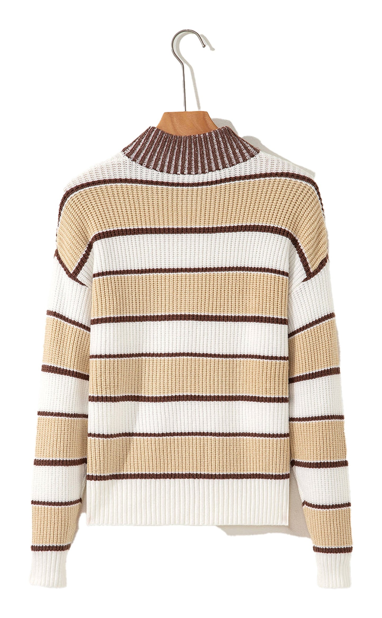 Khaki Stripe Half Zip Drop Shoulder Womens Sweater