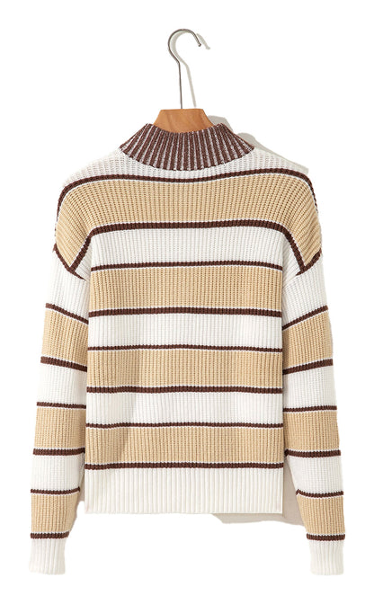 Khaki Stripe Half Zip Drop Shoulder Womens Sweater