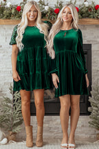 Emerald Green Velvet Mini Dress Puff Sleeves