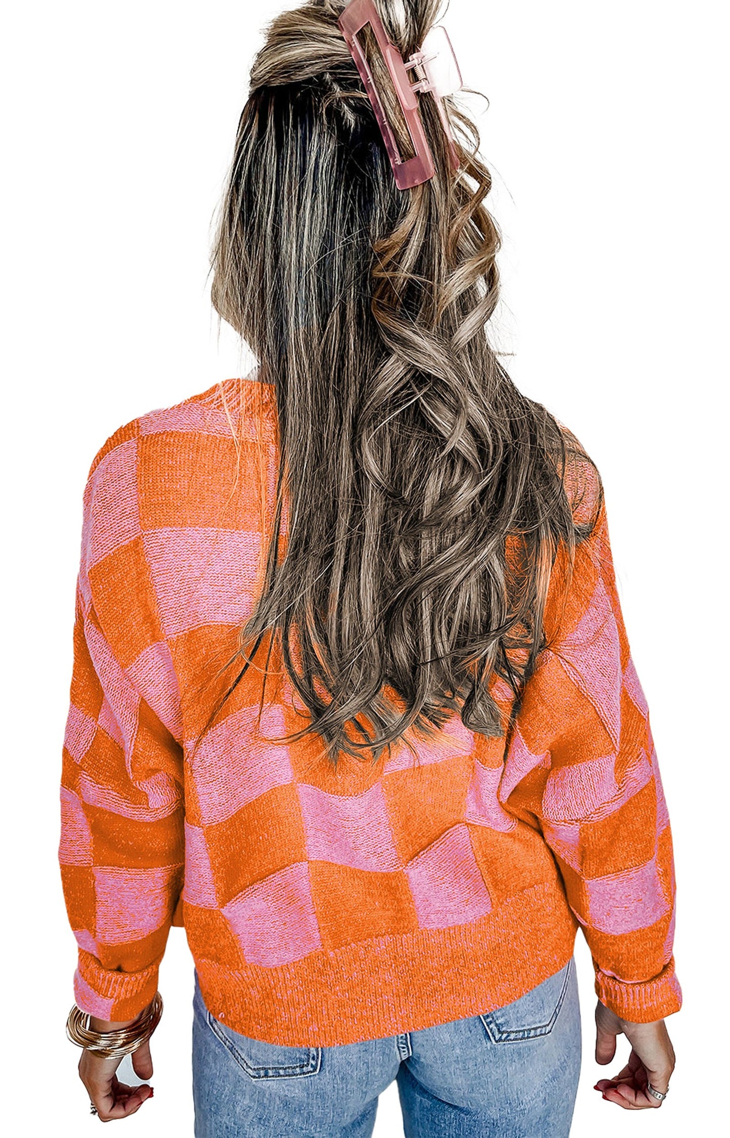 Orange Checkered Cardigan For Trendy Style