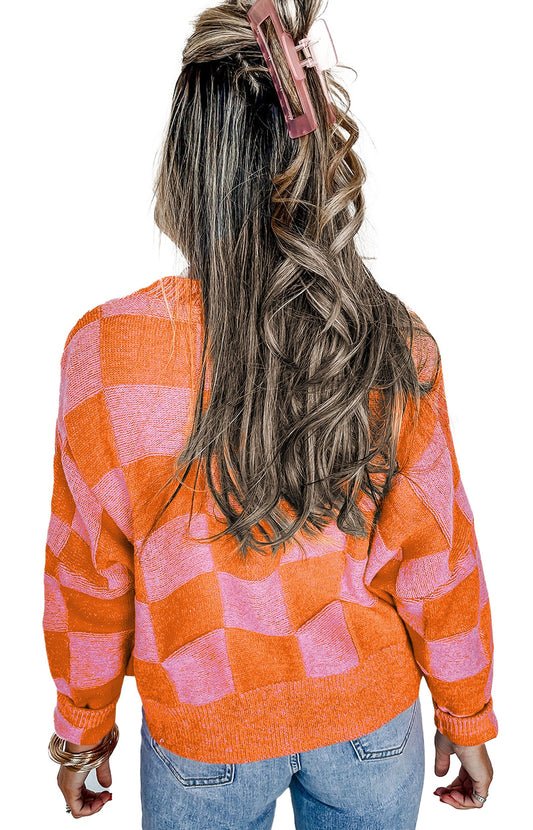Orange Checkered Cardigan For Trendy Style
