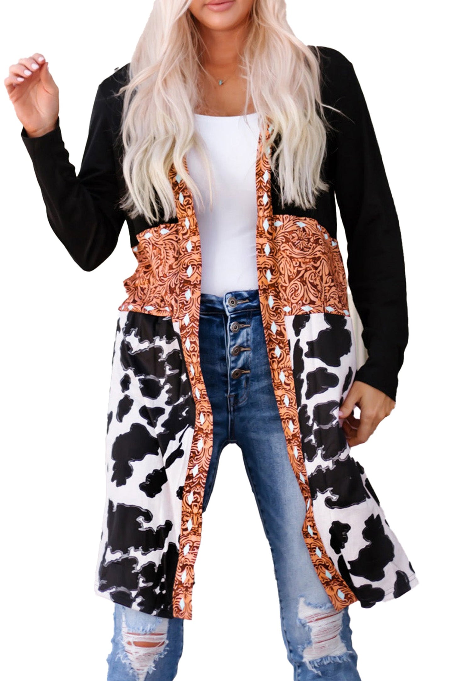 Black Western Cow Print Cardigan