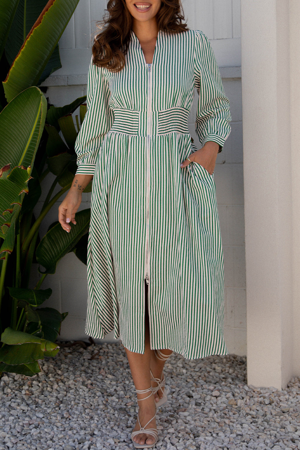 Green Stripe Midi Dress Button Front