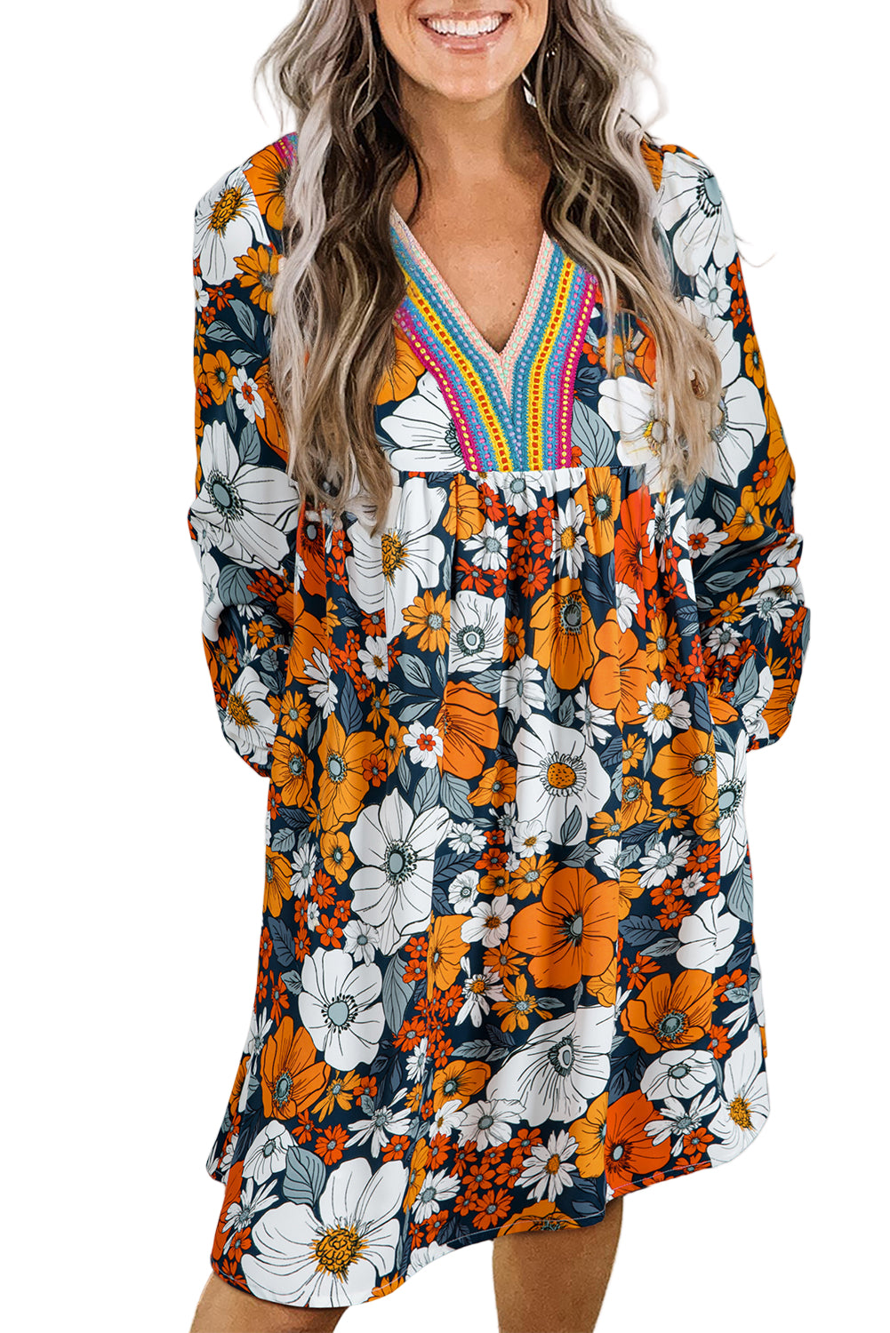 Orange Floral Mini Dress Boho V-Neck