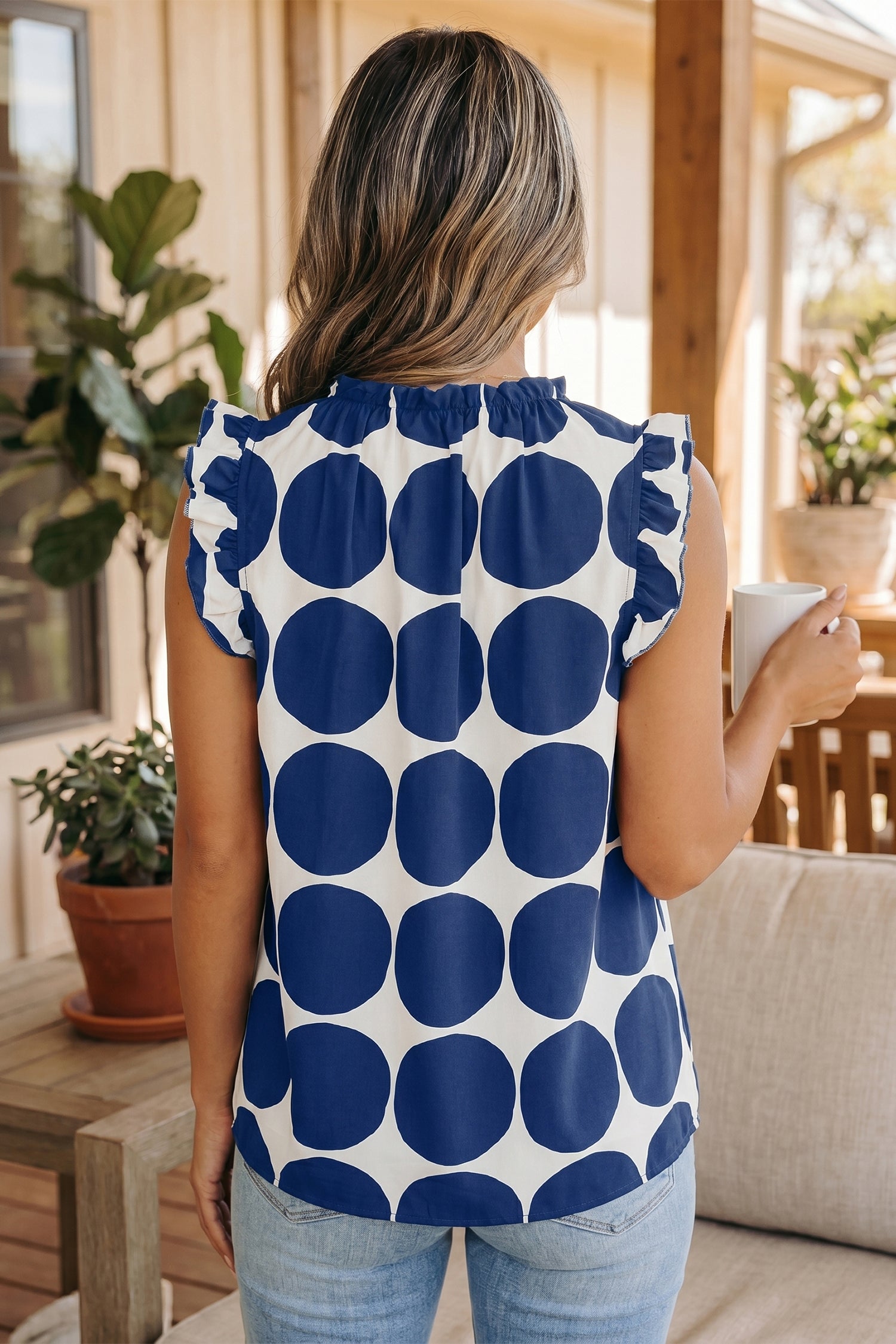Rose Polka Dot Print Frilled Round Neck Shift Tank Top