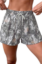 Gray Abstract Maple Leaf Printed Tie Elastic Waist Shorts