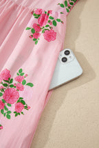 Sky Blue Notched Neck Flutter Short Sleeve Floral Print Maxi Dress
