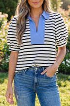 Blue Stripe Short Puff Sleeve Color Block Polo Collar Blouse