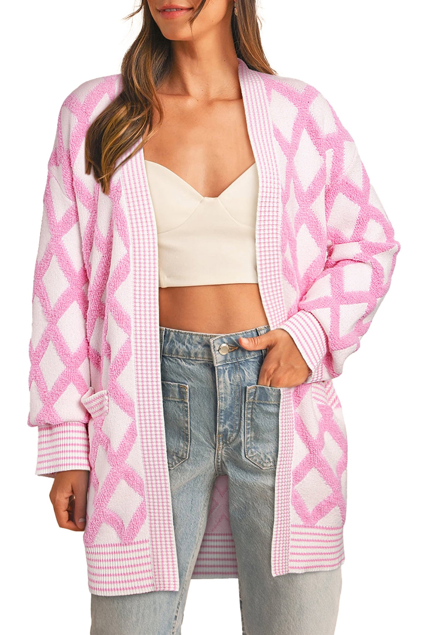 Pink Rhombus Knit Cardigan For Trendy Style