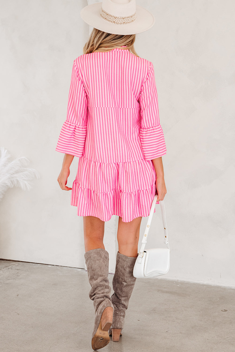 Pink Stripe Flare Sleeve Mini Dress Ruffle