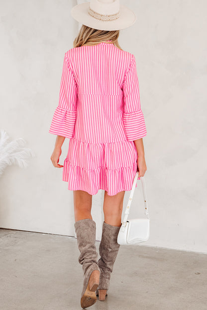 Pink Stripe Flare Sleeve Mini Dress Ruffle