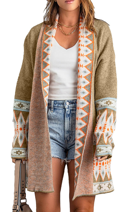 Brown Aztec Print Cardigan For Trendy Styles