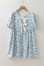 Sky Blue Leopard Mini Dress Puff-Sleeve Bow