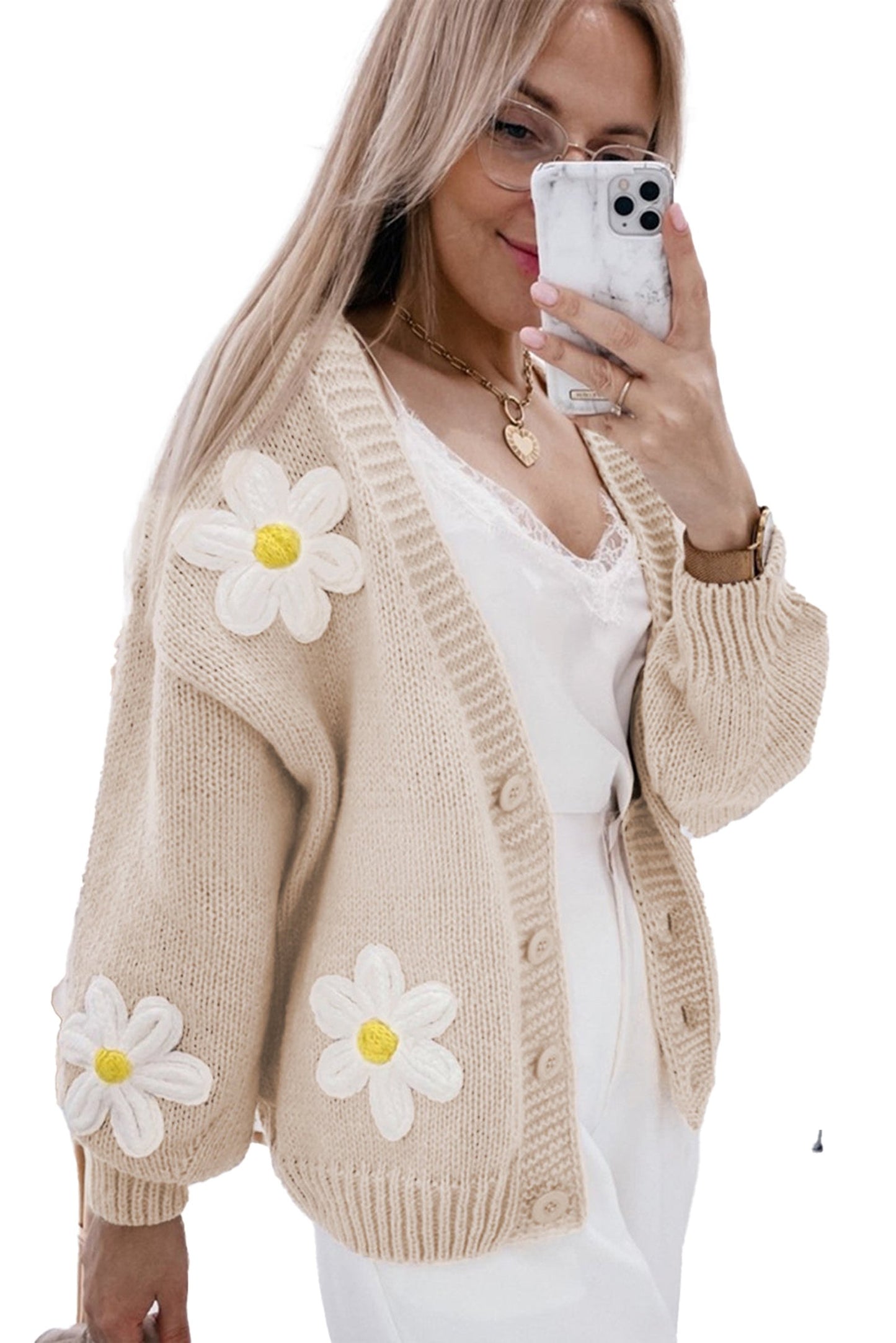 Flower Decor Button Front Cardigan