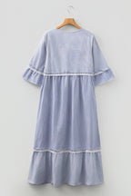 Sky Blue Striped Maxi Dress Flowy Boho Lace