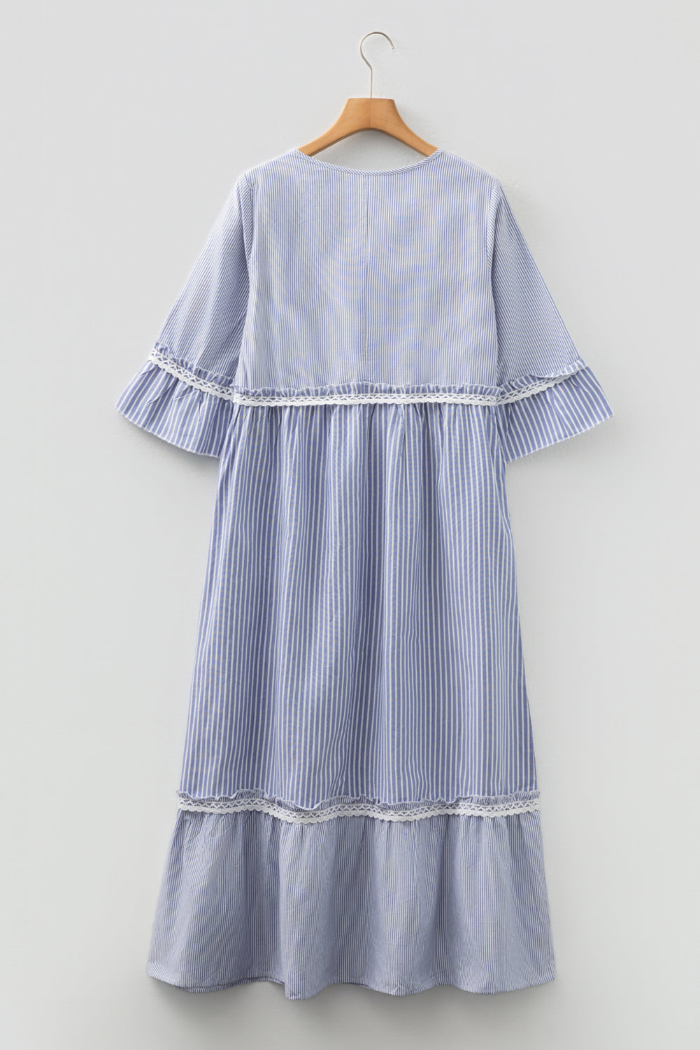 Sky Blue Striped Maxi Dress Flowy Boho Lace