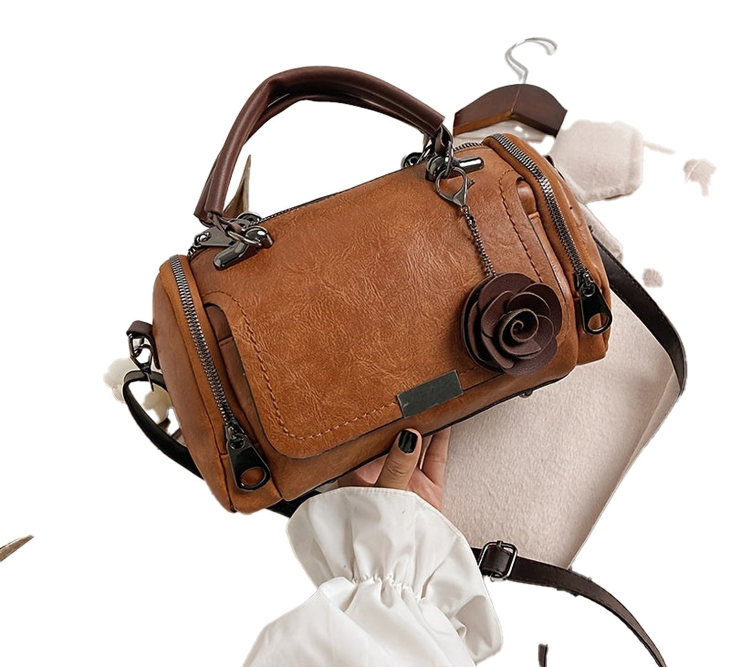 Womens Boston Handbag With Flower Pendant