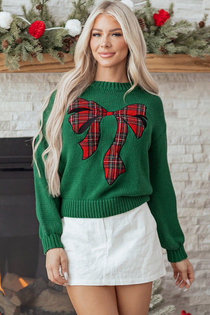 Evergreen Plaid Bow Christmas Sweater
