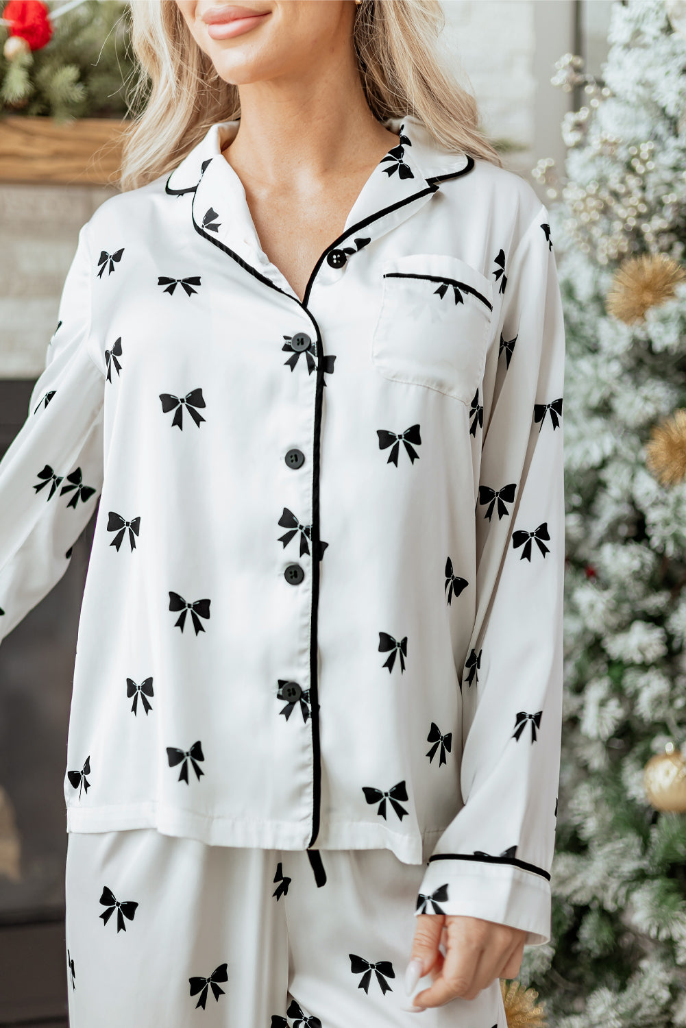 White Bows Print Sleepwear Set
