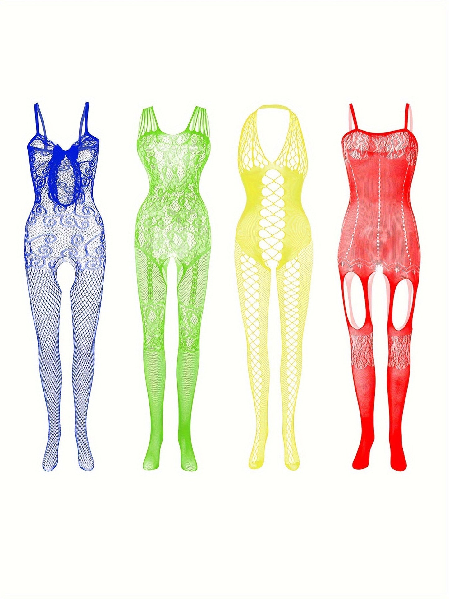 4-Pack Fishnet Bodystocking Set with Jacquard Design & Open Crotch