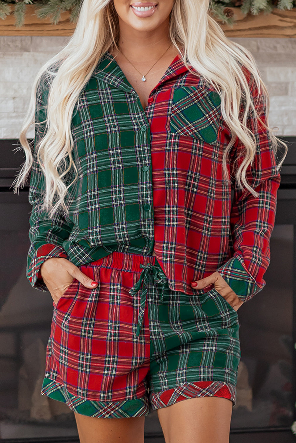 Red Plaid Christmas Pajamas Set For Women