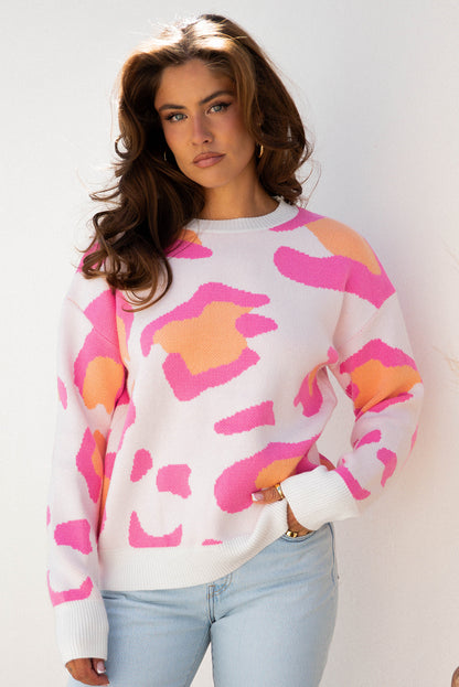 Pink Leopard Print Sweater For Trendy Style