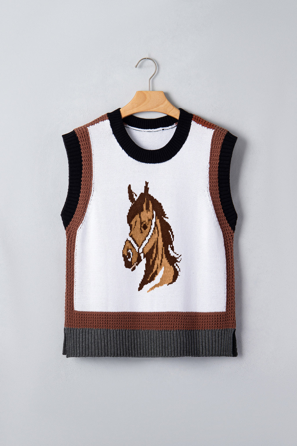 Chaleco de punto con bloques de color y cabeza de caballo del oeste blanco