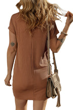 Woman shown from back in brown ribbed t-shirt dress with crossbody bag by LuckeLadybug blue striped t-shirt dress option