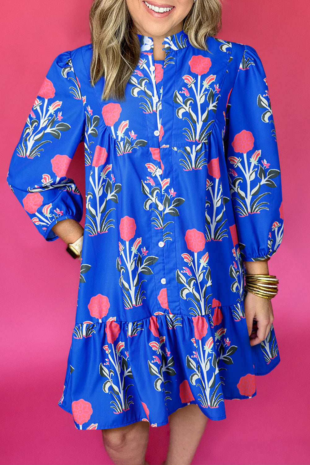 Blue Floral Print Dress Ruffle Hem