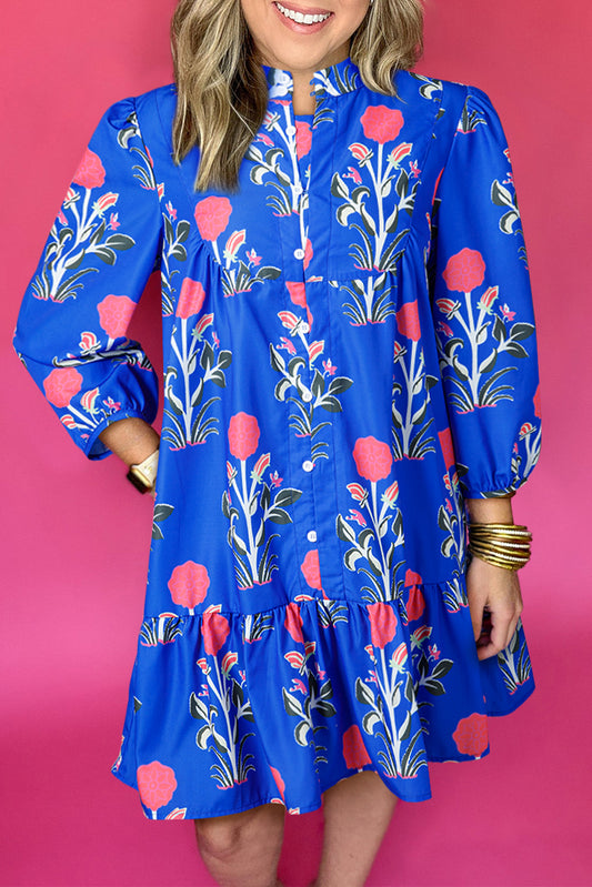 Blue Floral Print Dress Ruffle Hem