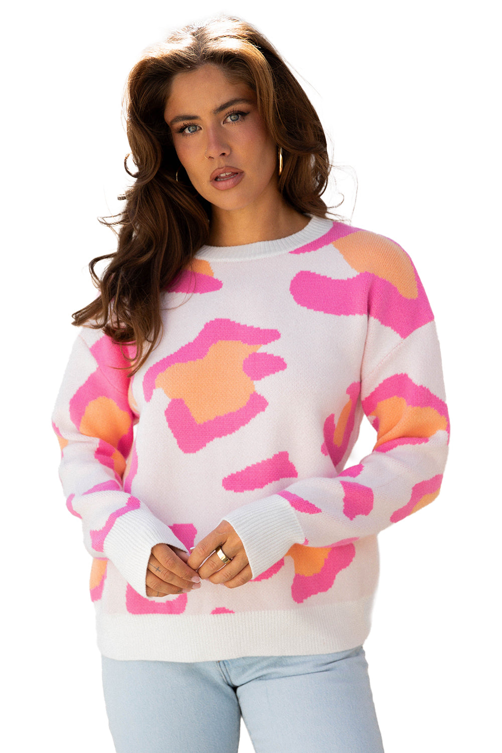 Pink Leopard Print Sweater For Trendy Style