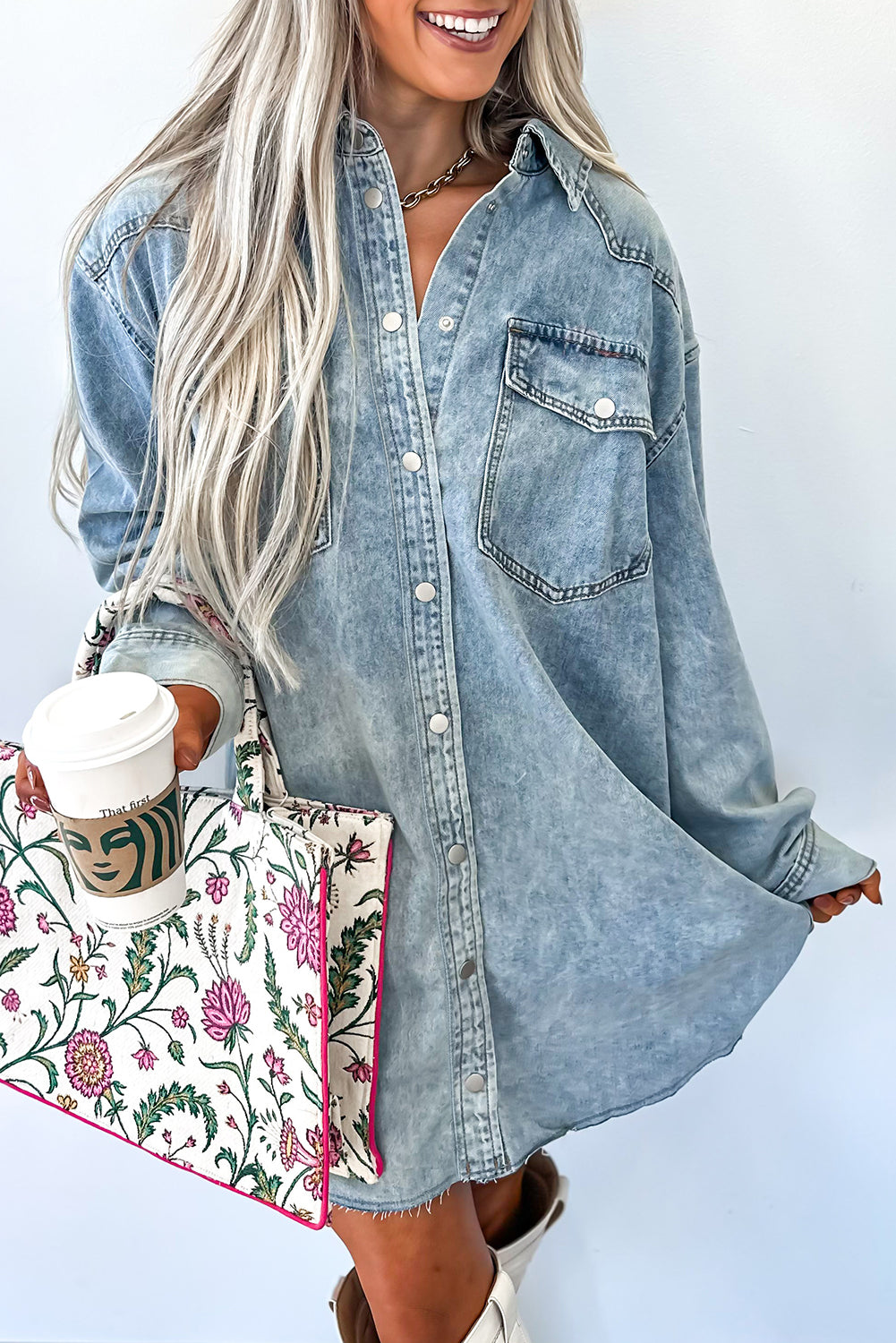 Oversized Denim Shirt Dress With Pockets