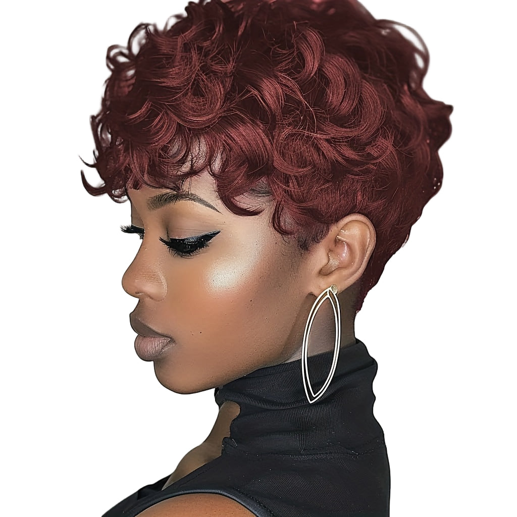 Short curly pixie cut wig in vibrant red, styled for a chic and modern look
