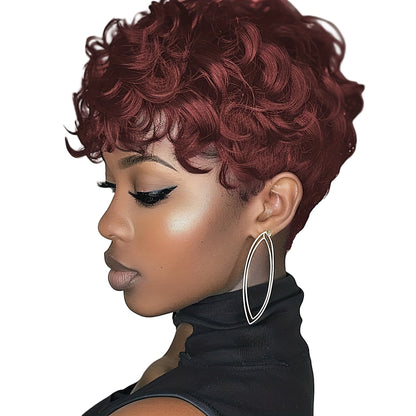 Short curly pixie cut wig in vibrant red, styled for a chic and modern look